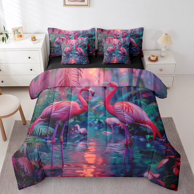 YST Ensemble de Douillette Flamant Rose Rose, Ensemble de Lit 7 Pcs Jungle de Rêve, Lit Simple