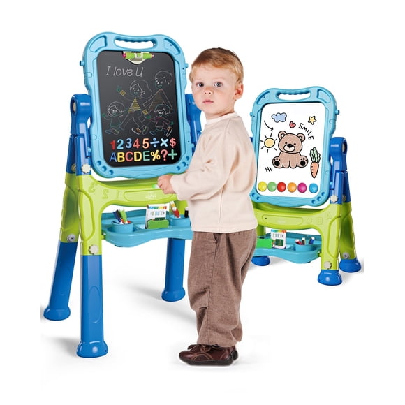 Easel for Kids, Kids Easel 4 in 1 Rotatable Double Sided Adjustable Standing Art Easel Drawing Board White Board Chalkboard for Toddlers Boys Girls with Painting Accessories - Blue