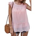 thumbnail image 1 of Chemise d'Été pour Femmes à Pois Imprimés, Ourlet à Volants, Col Ras du Cou, Manches Courtes, 1 of 2