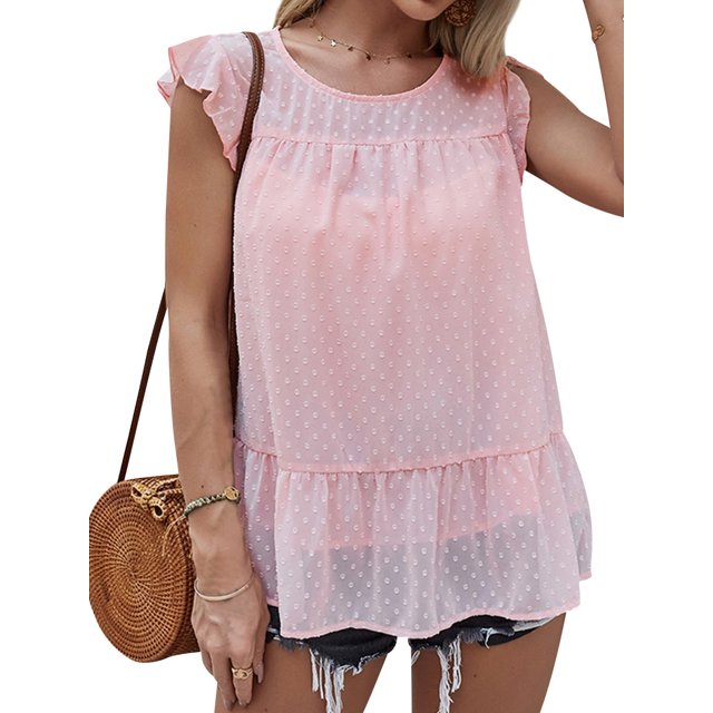 Chemise d'Été pour Femmes à Pois Imprimés, Ourlet à Volants, Col Ras du Cou, Manches Courtes