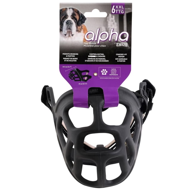 Alpha by Zeus Dog Muzzle Size 6 XXL, black basket-style dog muzzle made of thermo-plastic rubber with large ventilation openings and adjustable straps, designed to control biting, barking, and chewing while allowing drinking and panting, shown with packaging featuring a Saint Bernard and product details in English and French.