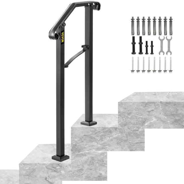 VEVOR Handrail Stair Railing Handrails Arch #1 Fits 1 or 2 Steps Matte Black Stair Rail Wrought Iron Handrail with Installation Kit Hand Rails for Outdoor Steps centered front-facing matte black wrought iron arch handrail for 1–2 outdoor steps with decorative curved side scrolls, tubular top rail and ergonomic grip, two vertical posts with flat round mounting bases spaced 11.8" (30 cm) apart, adjustable bolt connections to accommodate up to 6.8" (17.3 cm) step height, powder-coated finish, shown mounted on concrete steps.