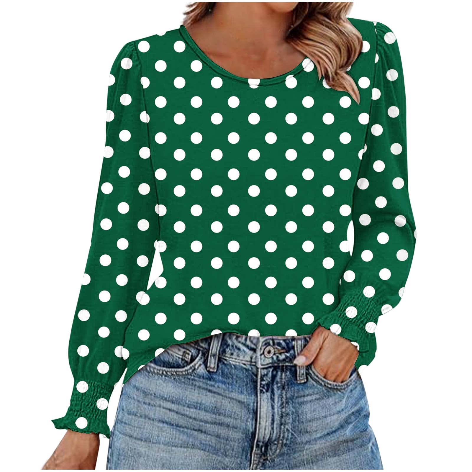 HAiming Chemises à Pois pour Femmes Décontractées à Col Rond Hauts à Volants Plissés Blouse Basique Chic T-Shirts de Travail
