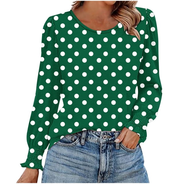 HAiming Chemises à Pois pour Femmes Décontractées à Col Rond Hauts à Volants Plissés Blouse Basique Chic T-Shirts de Travail