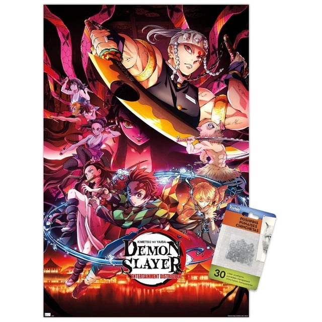 Demon Slayer - Affiche Murale Key Visual 1, 22,375 Po x 34 Po, Représentant des Personnages d'Anime en poses d'Action Dynamiques avec des costumes et des Armes Détaillés, sur Fond Sombre avec des Lumières Rouges et orange Lumineuses et le logo Demon Slayer au Centre Inférieur, Idéal pour la Déco Murale dans les Chambres, Bureaux Ou Dortoirs.
