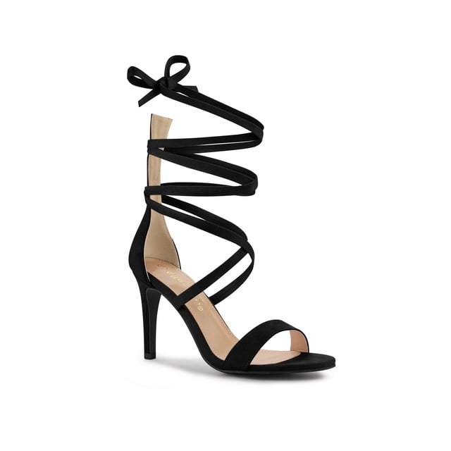 BLISSFUL STEP Women's Open Toe Stiletto Heeled Lace up Solid Sandals Black 6