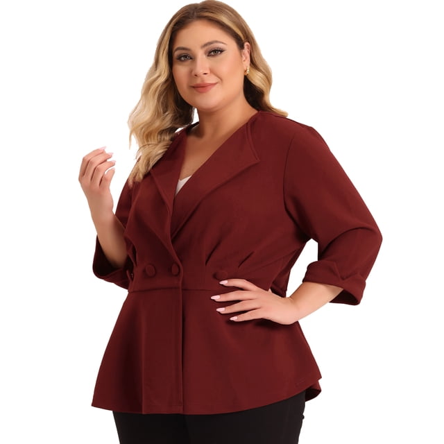 GRACE & GRANDEUR Women's Plus Size Solid V-Neck Ruffle Ruched Peplum Blazer