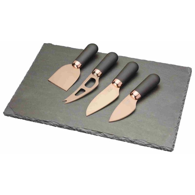 Taylor Eye Witness Brooklyn Rose Gold Cheese Knife Set Plus State Cheese Serving Board featuring four rose gold titanium-plated cheese knives with soft black santoprene handles on a 12 by 8 inch natural slate serving board with rough edges, suitable for precise cheese cutting and serving.