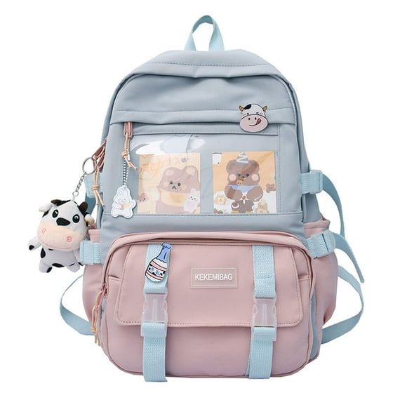 Women Cute Hit Color Backpack Student Canvas Knapsack with Pendant (Blue)