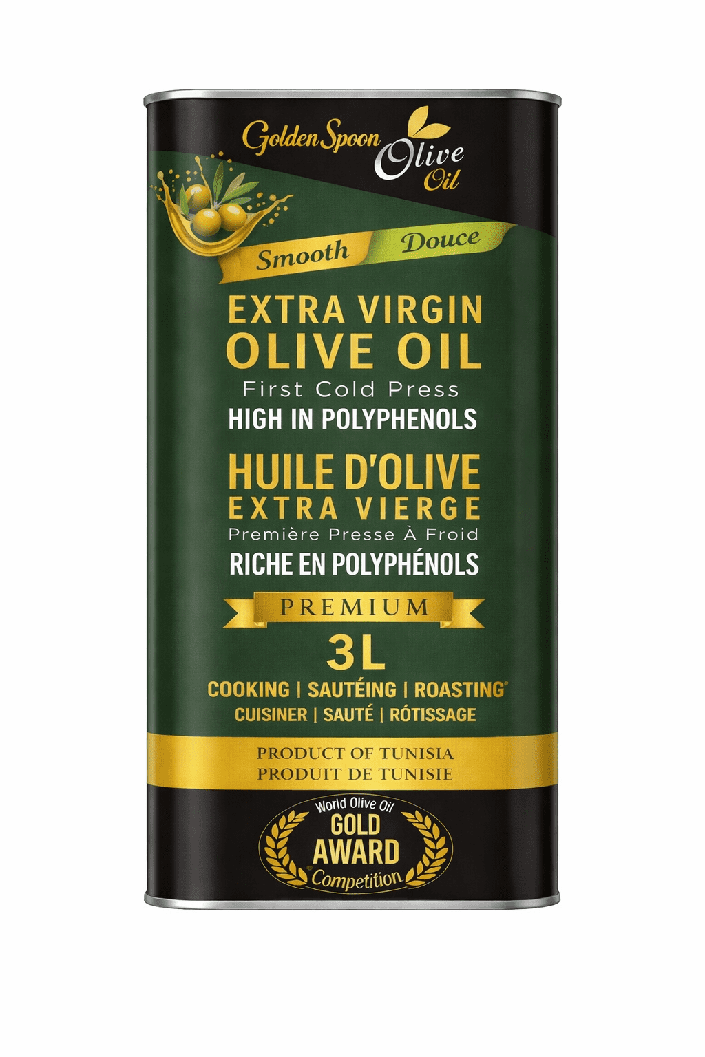 Golden Spoon Extra Virgin Olive Oil 3L – First Cold Press, High Polyphenols, Premium Tunisian Olive Oil