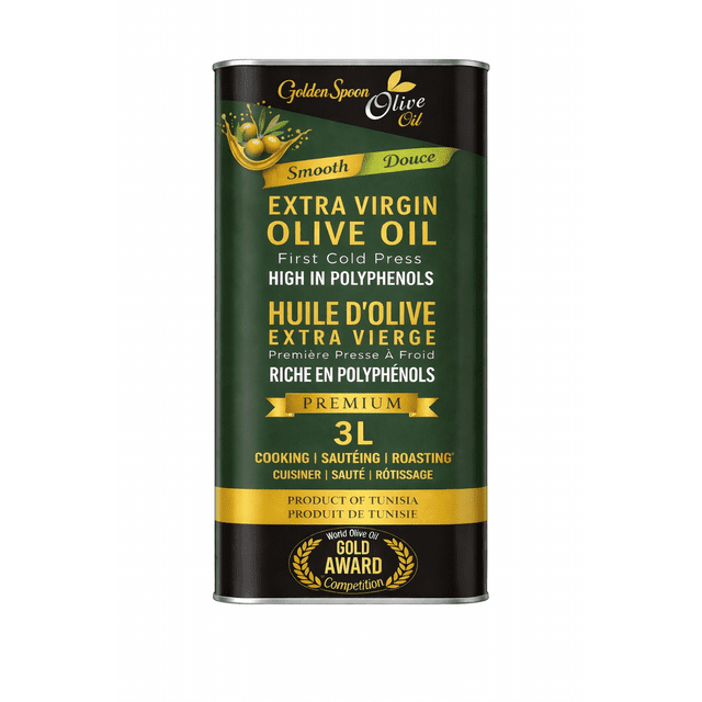 Golden Spoon Huile d'Olive Extra Vierge 3 L – Première Pression à Froid, Polyphénols Élevés, Huile d'Olive Tunisienne de Qualité Supérieure