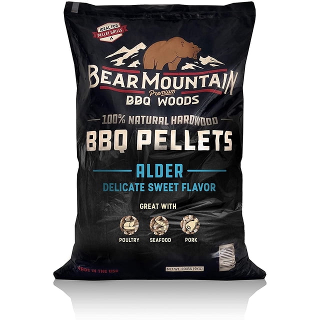 Bear Mountain All-Natural Alder BBQ Wood Pellets for Smoker and Grill, 20 lb Bag. Black packaging with bold branding, featuring a bear logo and text promoting 100% natural hardwood and delicate sweet flavor. Ideal for grilling fuels, smoking, and wood-fired flavor, suitable for poultry, seafood, and pork.