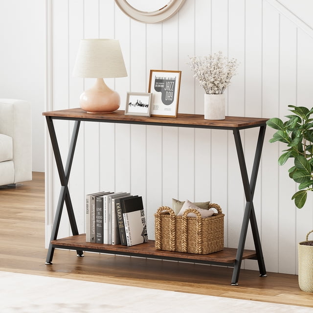 AKDSteel 2-Tier Long Narrow Console Table, Farmhouse Sofa Table with Storage Shelf for Living Room, Entryway, Hallway, or Office