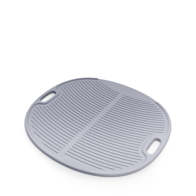 Litter Genie Mat, a round grey cat litter mat with integrated handles and a ribbed surface to trap litter granules, made of soft, lightweight EVA foam for pet comfort and easy cleaning, suitable for reducing litter spread in cat areas.