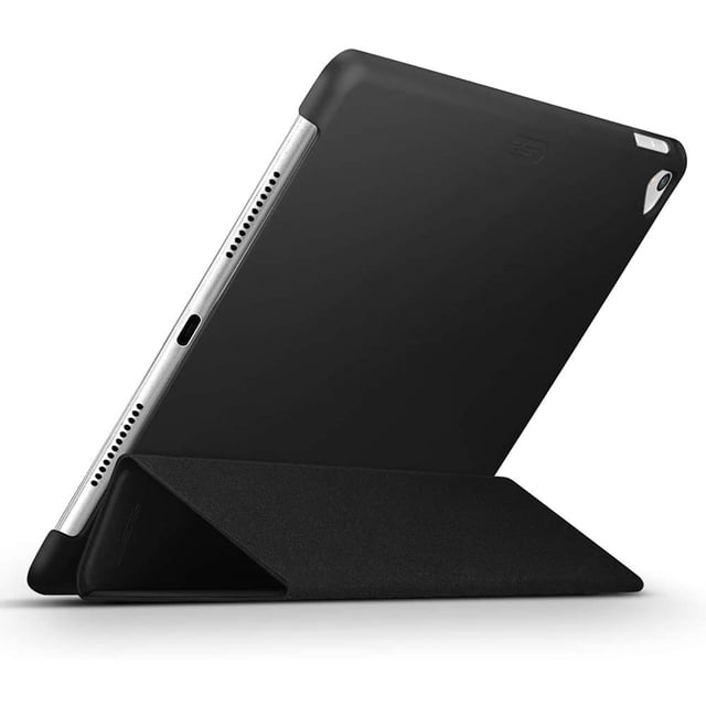 Premium Trifold Case for iPad 9.7 2018/2017 with a slim fit leather smart cover and rubberized back. Designed for models A1822, A1823, A1893, and A1954, this black case features a tri-fold front cover for stand functionality, auto wake/sleep with built-in magnets, and full access to ports and buttons. The rear shell has a soft-touch rubberized coating for a secure grip.