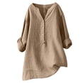 thumbnail image 2 of Pisexur Hauts pour Femmes en Coton Grande Taille Unis T-Shirts Surdimensionnés Amples T-Shirts Manches Mi-Longues Col en V Tunique à Blocs de Couleur, 2 of 6