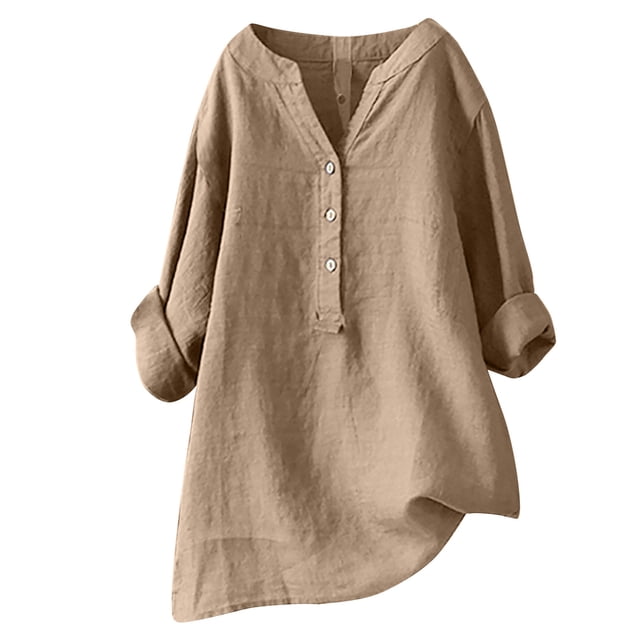 RKSTN Womens Tops Cotton and Linen V-Neck Long Sleeve Three Buttons Plus Size Tops Loose Fit Solid Color Basic Breathable Summer Tops Blouses
