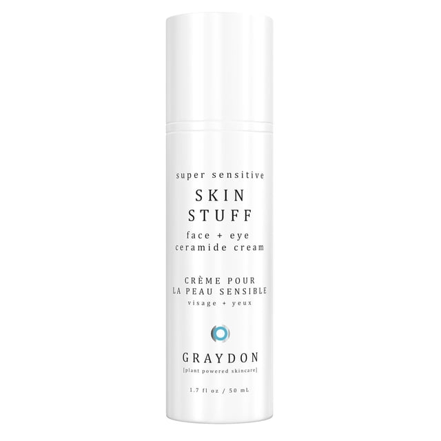 Graydon Skincare Skin Stuff Face + Eye Cream in a white cylindrical bottle with black text, formulated for super sensitive skin with ceramide to replenish moisture barrier and hydrate, suitable for face and eye use, 1.7 fl oz (50 mL).