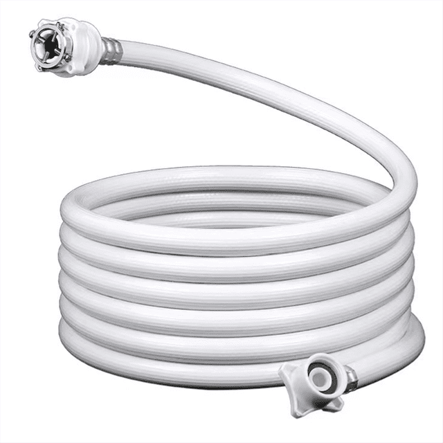 Universal Portable Washing Machine Hose, Twin Tub Washing Machine Hose, Compact Washing Machine Accessories 2M. A coiled, white PVC washing machine water inlet hose measuring 6 feet (2 meters) in length. Features a 90-degree elbow quick connection for easy installation and a threaded faucet adapter for compatibility with most washing machines, including portable, mini, and double tub models. Suitable for use in apartments, RVs, and compact spaces.