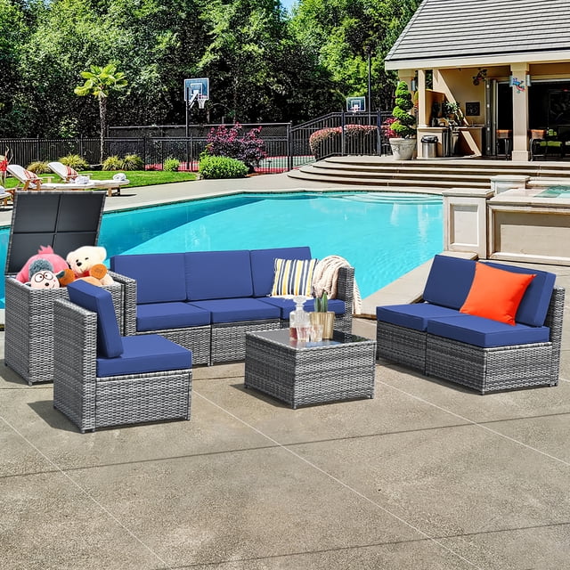 Costway 8 PCS Wicker Sofa Rattan Furniture Set Patio Furniture w/ Storage Table Navy