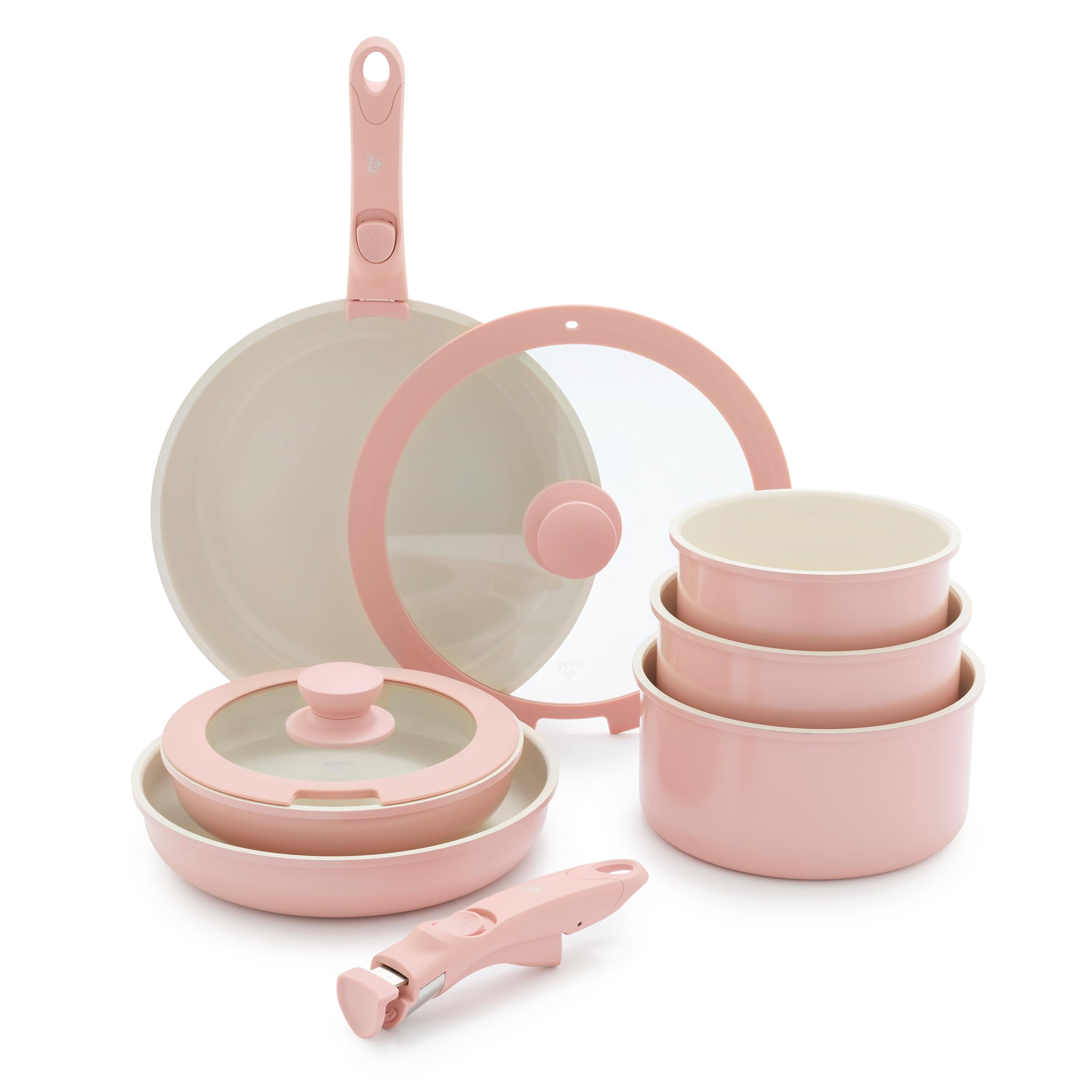 GreenLife 10 Piece Nonstick Pots & Pans Set Detachable Handle & Stackable Cookware Set Non Toxic PFAS-Free Skillets Induction Kitchen Pans Space Saving Serving Bowls Oven Safe Light Pink