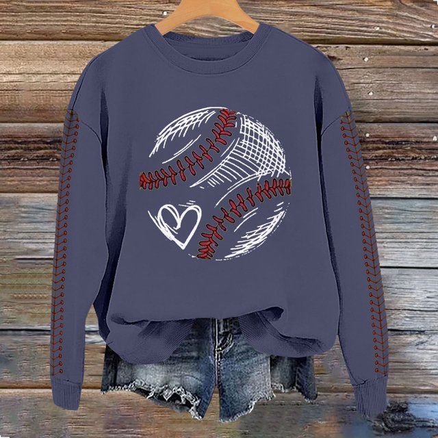 IMENGL Spring baseball print crew neck hooded sweatshirt long, Blue L, Size M-2XL