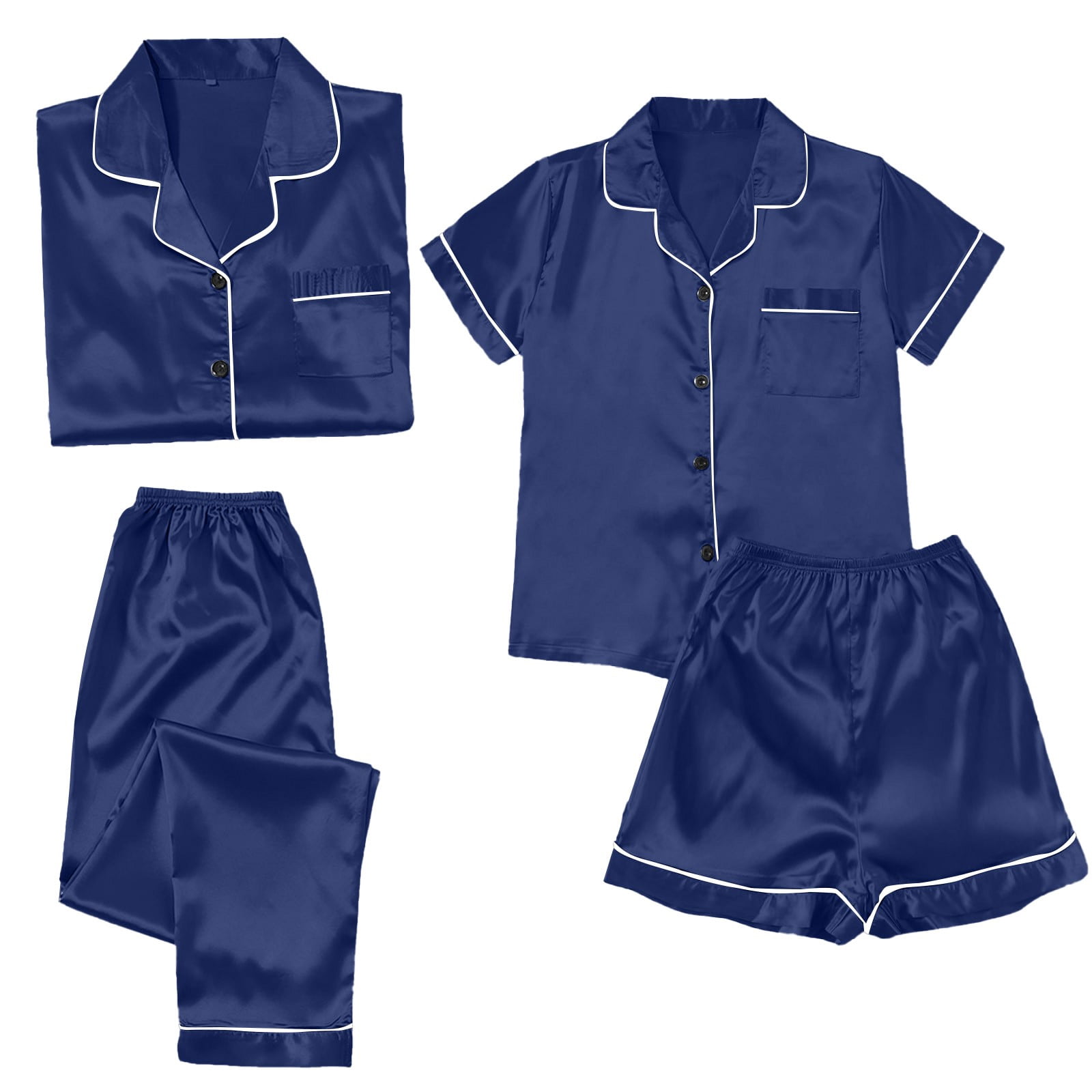 ZJXFGS Womens Summer Pajamas Sets, Silk Pajamas, Satin Pyjamas Women's Short 4 Piece Pyjamas Short Sleeve Sleepwear and Shorts Set Women Loungewear, Womens Pajama Set Blue M