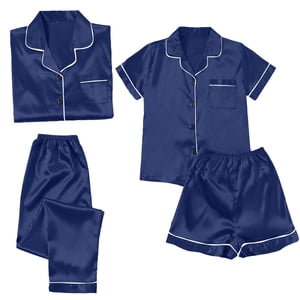 ZJXFGS Ensembles de pyjamas d'été pour femmes, Pyjama en soie, Pysama satiné pour femmes 4 Pièces Pyjamas manches courtes Vêtements de nuit et shorts ensemble Femmes Vêtements de salon, femmes Set Pajama bleu M