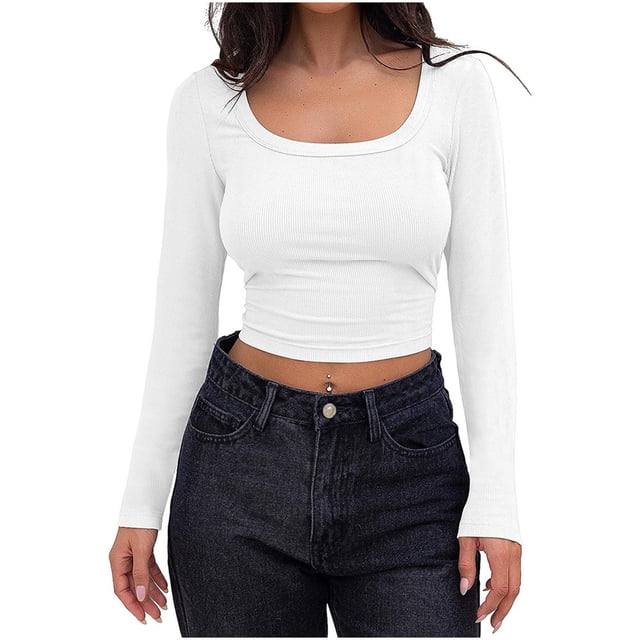 Yuyuzo Crop Tops for Women Ribbed Knit Long Sleeve Scoop Neck Casual Fall Basic Going out Tops
