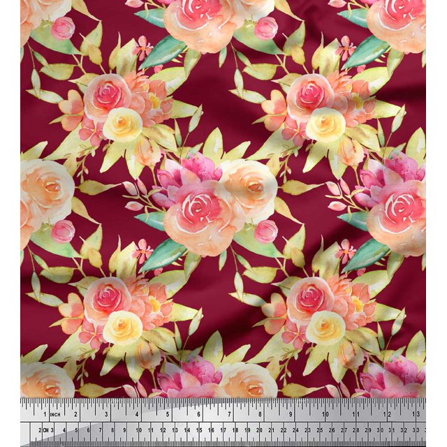 Soimoi Red Moss Georgette Fabric Leaves & Ranunculus Floral Print Fabric by the Yard 42 Inch Wide