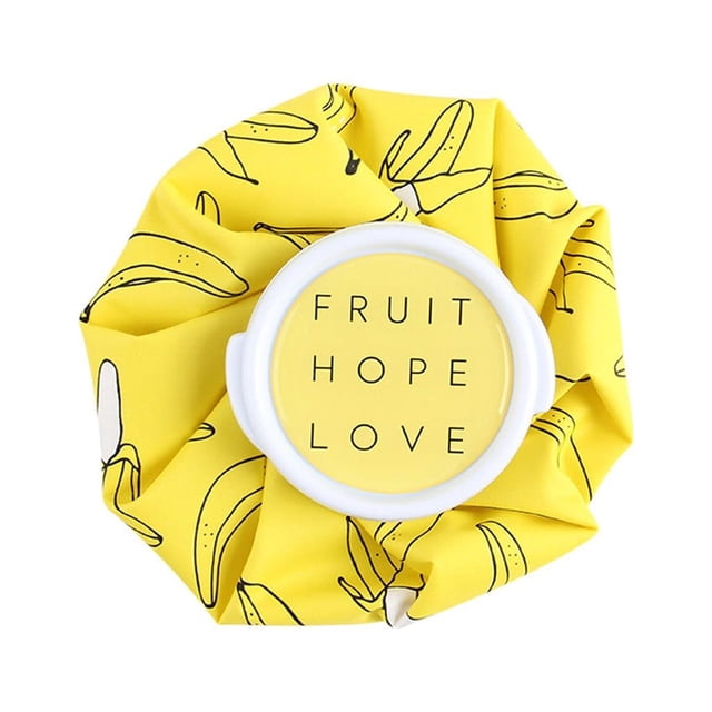 Wolfast Care Bags Hot Water Bottle Reusable Ice Bag for hot and cold therapy, designed for head, leg, and muscle injury relief. The yellow bag features a banana pattern and a circular cap with 'Fruit Hope Love' text. Compact size of approximately 14x14cm, ideal for cold therapy applications.