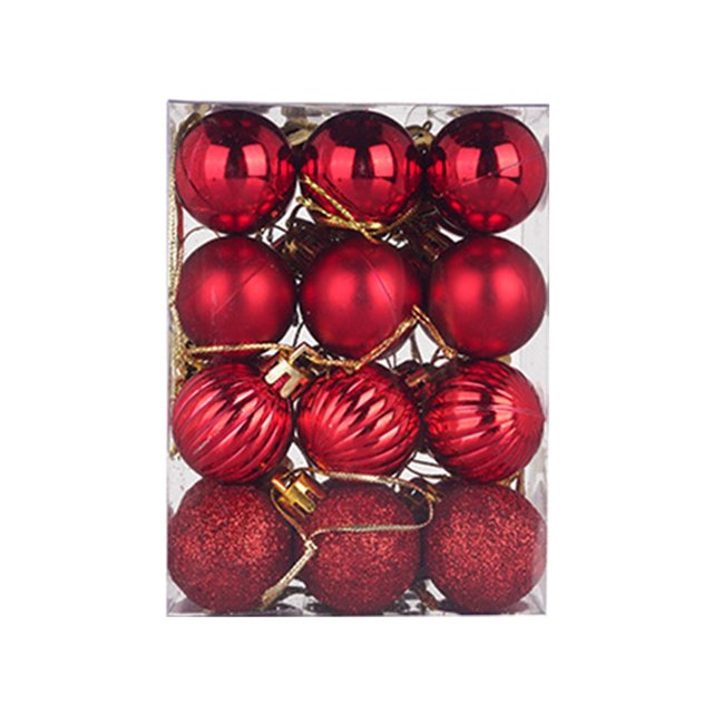 A set of 24 red 30mm Christmas tree baubles, including glossy, glitter, and ribbed designs, packaged in a clear rectangular box. These plastic ornaments are ideal for decorating Christmas trees in homes, hotels, restaurants, and office spaces.