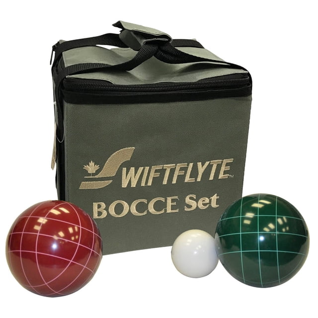 Swiftflyte Classic Bocce Ensemble de Boules avec Huit Boules de Bocce en Résine composite de 100 mm en Bourgogne et Vert Gravé pour l'Identification d'Équipe, une Boule jack Blanche de 50 mm, et un Étui de Transport en Toile Verte avec Fermeture Éclair Noire et Poignées, Convient aux Jeux et Rassemblements Extérieurs sur Pelouse.