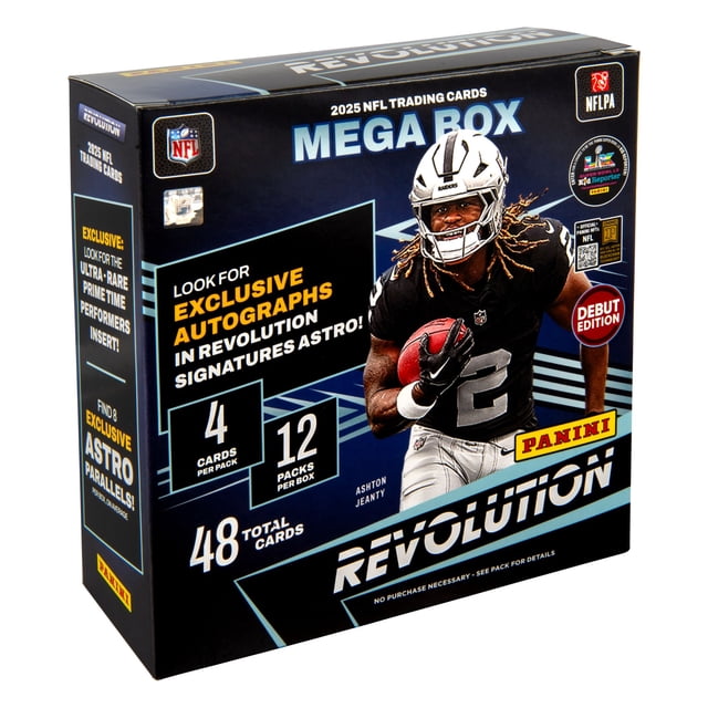 2025 Panini Revolution Football Trading Cards Mega Box containing 48 total cards with 12 packs of 4 cards each, featuring exclusive autographs in Revolution Signatures Astro and 8 exclusive Astro parallels, displayed on packaging with a football player in black and white uniform holding a football.