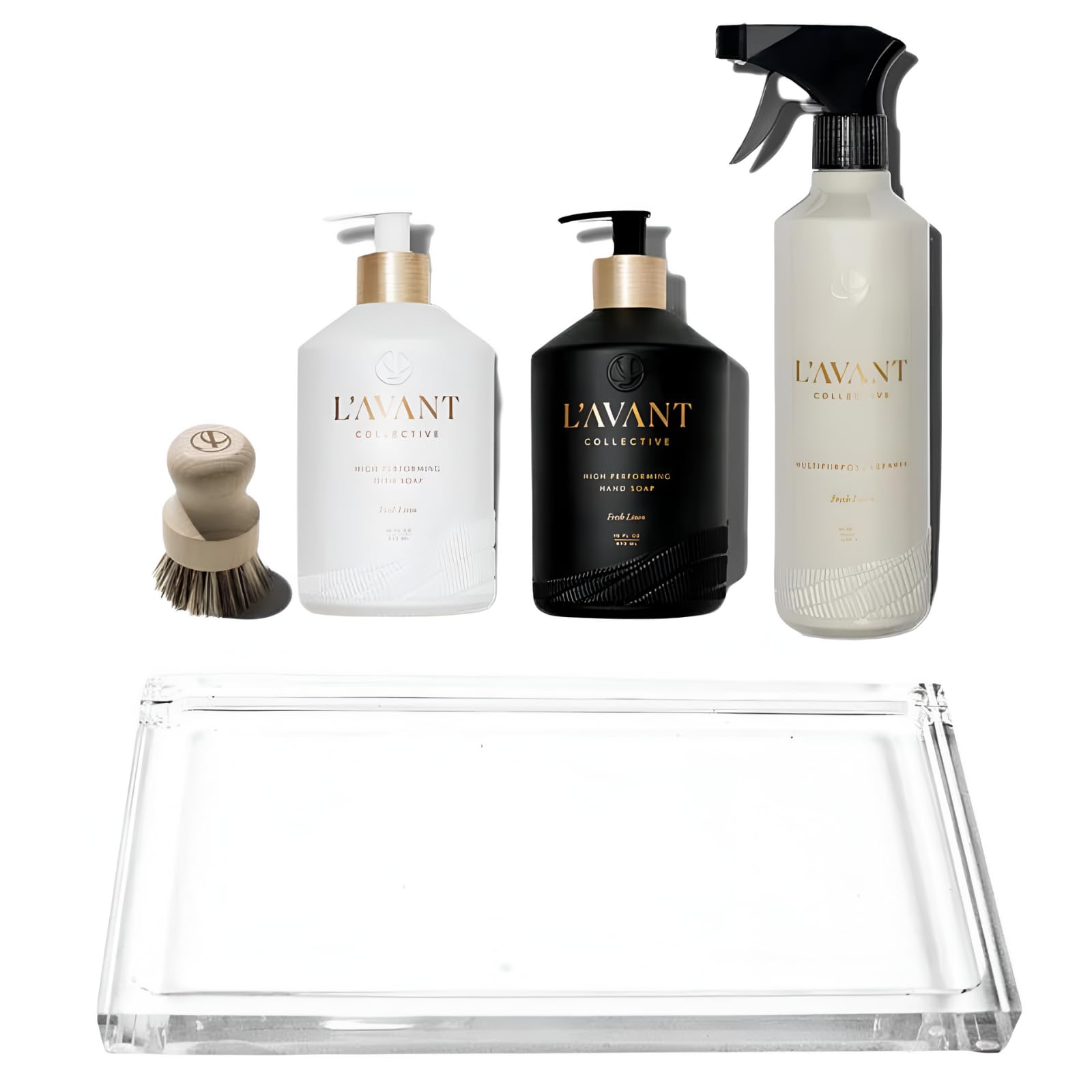 L'AVANT Collective Luxury Home Essentials | High Performing Dish Soap Hand Soap Multipurpose Cleaner Spray Scrub Brush Lucite Tray | Luxurious Ingredients Reusable Bottles (Fresh Linen)