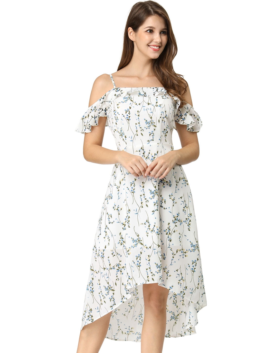 INSPIRE CHIC Women's Spaghatti Straps Ruffled a-Line Midi Floral Dress