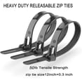 thumbnail image 2 of Attaches à Glissière Réutilisables Libérables 12 Pouces Attache à Glissière Robuste Attaches de Câble Noires Épaisses Réutilisables Lot de 100 Résistance à la Traction 50 Lb Attaches de Câble en Nylon pour Usage Polyvalent Fil de Cravate en Plastique Intérieur et Extérieur, 2 of 7