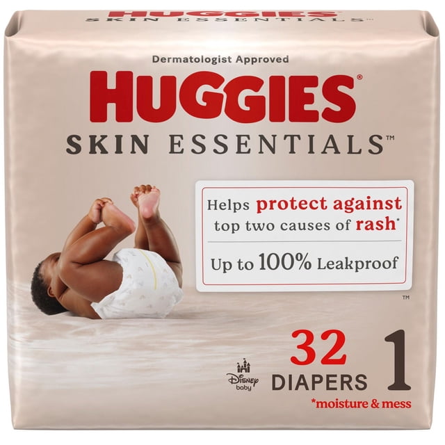 Huggies Skin Essentials Baby Couches pour Bébé Taille 1 Lot de 32 en Emballage beige avec un Bébé Portant une Couche Blanche Allongée sur le Dos, Offrant une protection jusqu'à 100 % Étanche, Prévention des Éruptions Cutanées contre l'Humidité et les Dégâts, Approuvé par des Dermatologues, Hypoallergénique et design Disney.