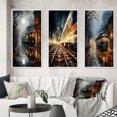 thumbnail image 1 of Designart "Train Misty Morning Painting II" Modern Framed Wall Art Set Of 3 - Yellow Train Frame Gallery Wall Set For Home Decor, 1 of 6