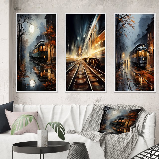 Designart "Train Misty Morning Painting II" Modern Framed Wall Art Set Of 3 - Yellow Train Frame Gallery Wall Set For Home Decor