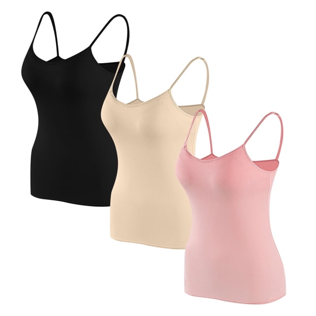 Timegard Camisoles pour Femmes 3 Pcs avec Soutien-Gorge Intégré Col Rond Bretelles Spaghetti Ajustées Douces Maillots de Corps Décontractés Hauts de Pyjama