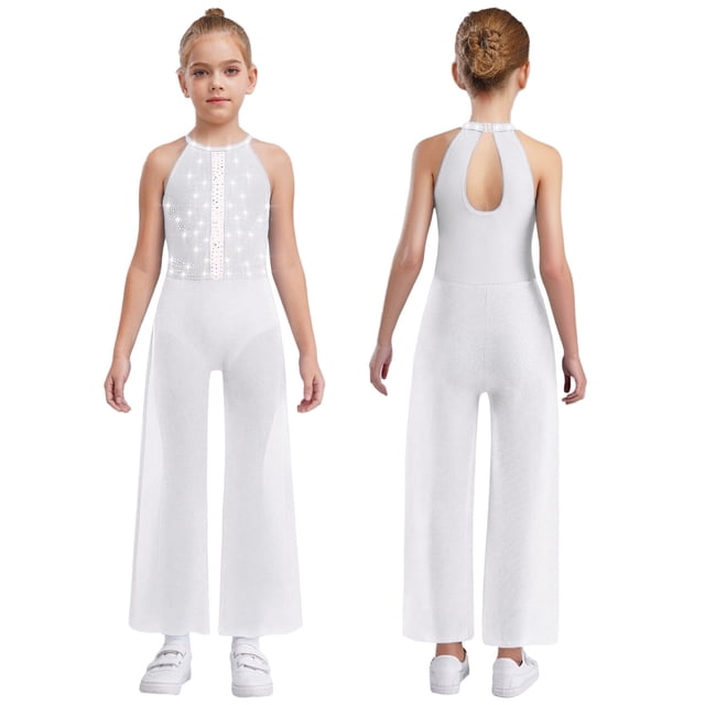Oyolan One Piece Rompers Overall for Girls Rhinestones Dance Bodysuit Disco Party Wide Leg Pants Playsuit White 10