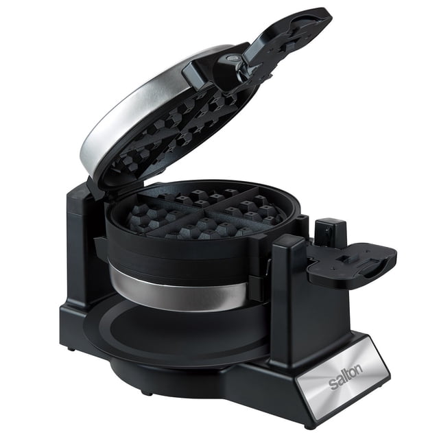 Salton Gaufrier Belge Double Rotatif avec un design Élégant en Noir et Acier Inoxydable. Doté d'Un Mécanisme Rotatif pour une Cuisson Uniforme et d'Une surface Antiadhésive pour un Retrait Facile des Gaufres. le Dessus Ouvert Dévoile Deux Grilles à Gaufres, Permettant la Préparation Simultanée de Deux Gaufres Belges. Comprend un Plateau d'Égouttement Amovible et une Poignée au Toucher Froid pour une Manipulation Sécuritaire.