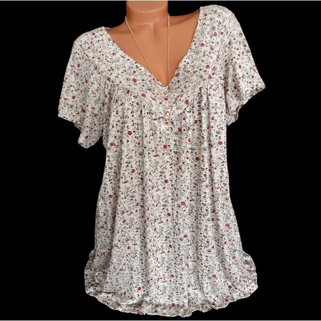 TIMIFIS T-Shirt à Manches Courtes à Col en V Imprimé Floral pour Femme, Tunique Décontractée Fluide Plissée, Hauts Blouse