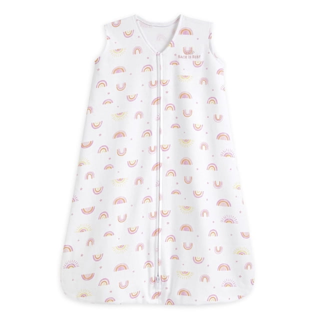 HALO® SleepSack® Couverture Portable - 100 % Coton - Arcs-en-Ciel Ensoleillés LG Sans Manches Couverture Portable pour Bébé avec Fond Blanc et Motifs pastel Arc-en-Ciel et Soleil, Fermeture Éclair avant Bidirectionnelle et Broderie « le Dos Est le Meilleur », Conçue pour un Sommeil Sécuritaire et un Développement Sain des Hanches.