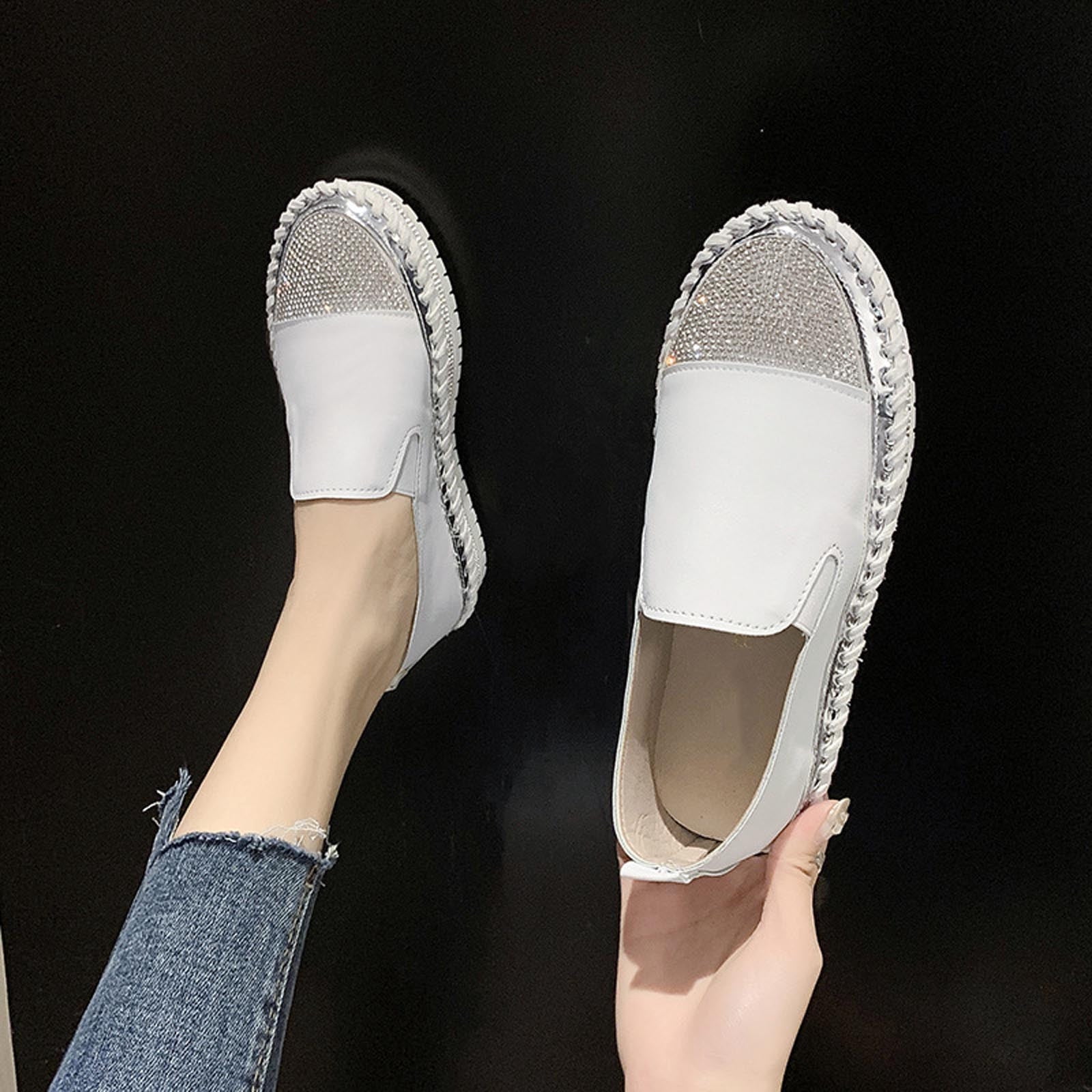 Dvkptbk Sandales Femmes Espadrilles Mode pour Femmes à Enfiler Strass Paillettes Plateforme Plates Chaussures Décontractées pour Femmes Chaussures pour Femmes