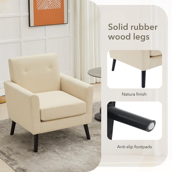 BeesClover Mid Century Modern Accent Chairs for Living Room, White Comfy Reading Chair Soft Chenille Sofa Chairs with Wood Legs, Upholstered Side Armchair for Living Room, Bedroom, Apartment