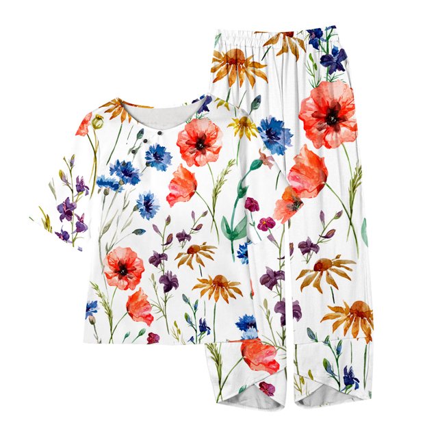 Chemises à Manches Courtes pour Femmes Mode Dames Imprimé Floral Manches Courtes Coton Lin Ensemble Haut et Pantalon Décontractés Manches Courtes pour Femmes
