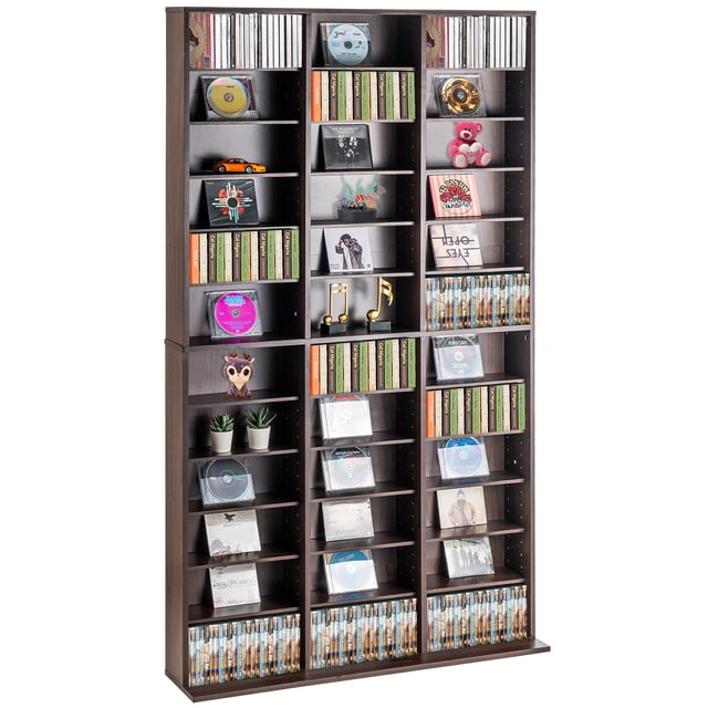 VEVOR Media Storage Cabinet with 12 adjustable shelves in an espresso finish, designed to hold up to 1080 CDs or DVDs. The cabinet features 36 compartments, customizable shelf heights, and a widened base for stability. Includes kraft classification labels for efficient organization and wall anchors for added safety. Ideal for storing media collections, books, and decorative items.