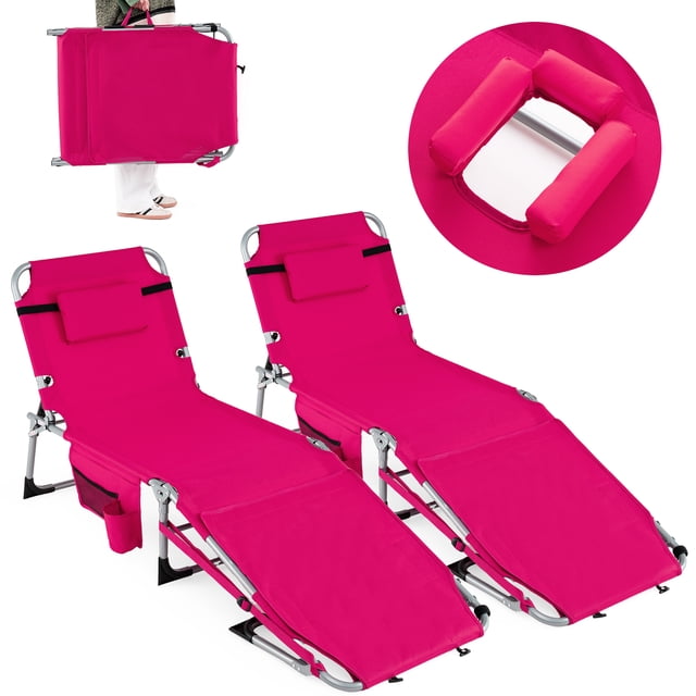 Costway 2 PCS Outdoor Folding Chaise 4-Position Lounge Chair with Adjustable Footrest Dark Pink